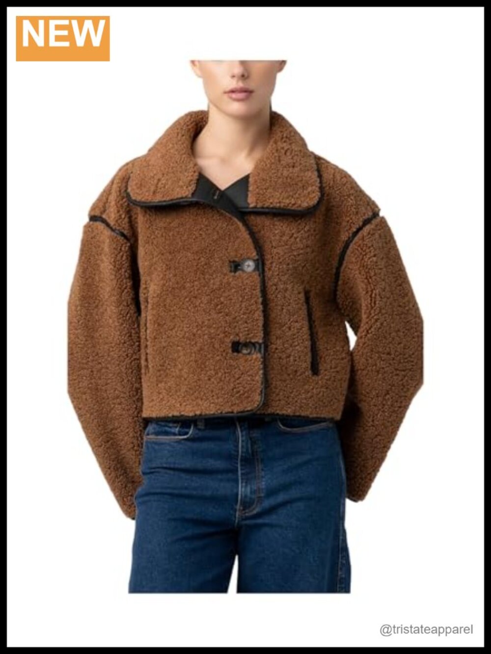 Women's Shearling Jacket Faux Fur Coat with Vegan Leather Trim Button Front